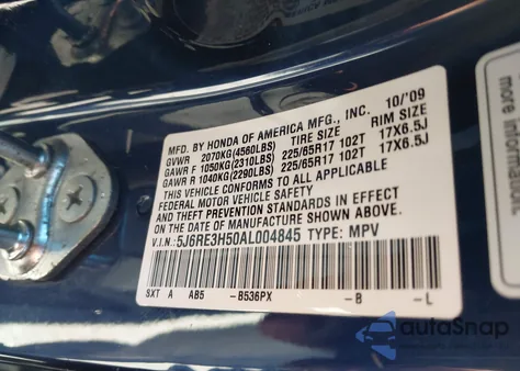 2010 Honda Cr-V Ex from USA, damaged, VIN 5J6RE3H50AL004845